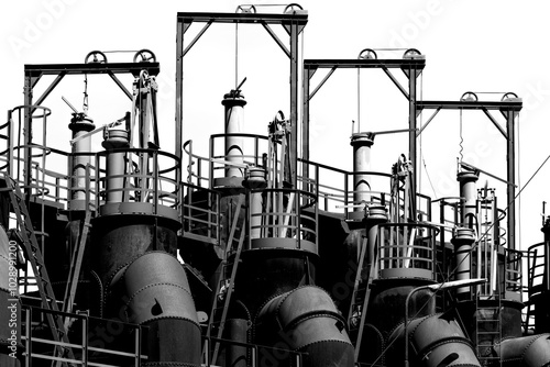 Historic blast furnace plant in Völklingen. Silhouette of the complex steel construction in which steel was once smelted. Black and white industrial architecture in the Saar region with high contrast photo