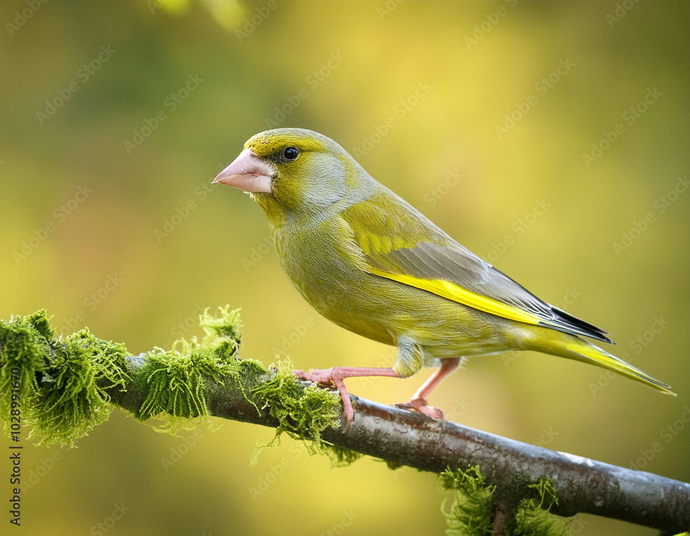 Graceful common greenfinch bird on branch Graceful common greenfinch bird on branch