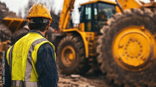 Workers evaluating heavy machinery before operation.