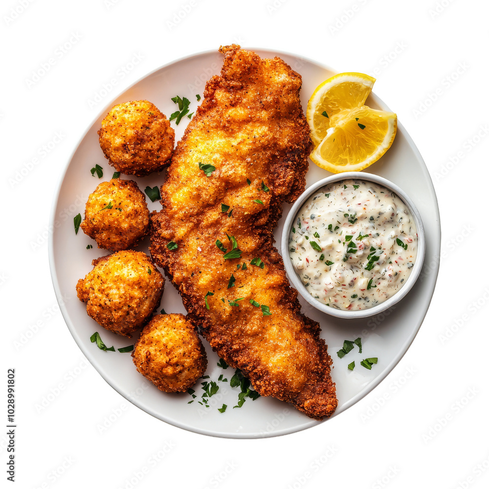 Fried Fish with Creamy Sauce and Lemon. Fried Fish with Creamy Sauce and Lemon.