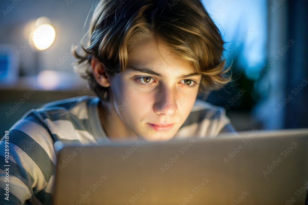 Serious learning moment young Caucasian boy using laptop in focused educational setting Serious learning moment young Caucasian boy using laptop in focused educational setting