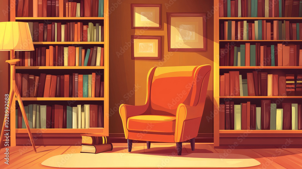 a cozy home living room or reading nook in a cartoon style, complete with bookshelves, a comfortable chair, and a warm, inviting ambiance a cozy home living room or reading nook in a cartoon style, complete with bookshelves, a comfortable chair, and a warm, inviting ambiance