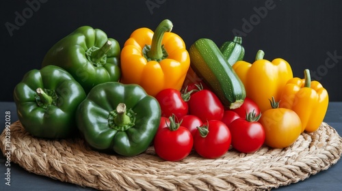 Green and Yellow Bell Peppers, Tomatoes, and Zucchini on a Wicker Placemat