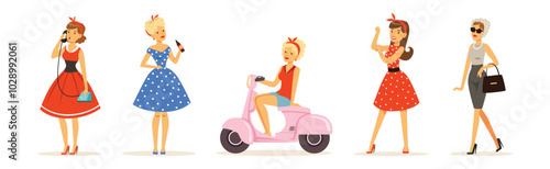 Beautiful Woman Character in Retro Vintage Dress Vector Set