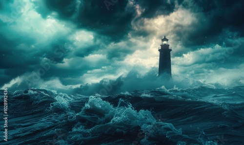 Stormy seas with a lighthouse guiding ships to safety, dramatic 4K hyperrealistic photo. photo