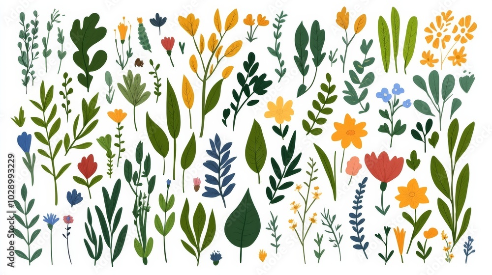 A collection of flowers and plants in various colors and sizes. Concept of natural beauty and diversity A collection of flowers and plants in various colors and sizes. Concept of natural beauty and diversity