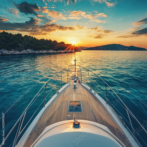 Scenic back view luxury private yacht boat sail at Croatian bay harbor shore blue turquoise clear water bright summer sunny sunset sunrise morning. Rich quality lifestyle. Boat vessel charter service