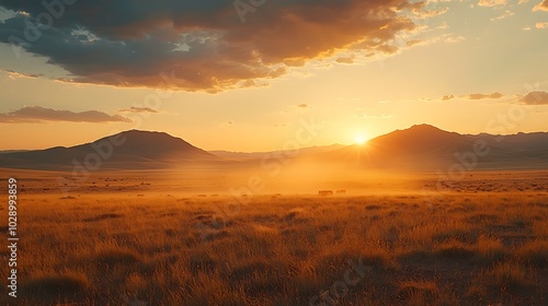 Golden Sunset Over Grasslands with Silhouetted Mountains and a Haze