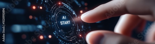 Finger touching digital interface labeled 'AI Start', symbolizing the beginning of artificial intelligence technology and innovation.