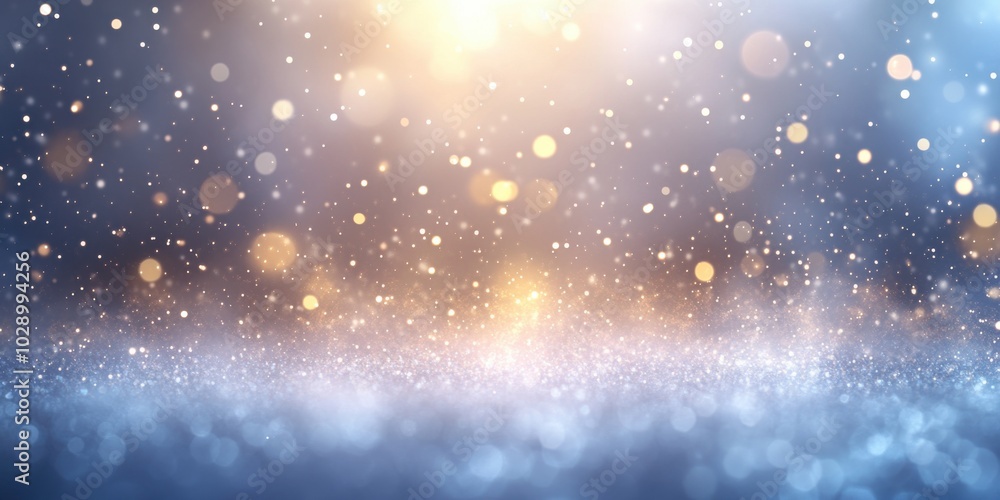 Obraz premium A vibrant abstract background featuring a blend of defocused lights and sparkling particles. the image presents a dreamy, festive ambiance with bokeh effects in warm golden and cool blue tones