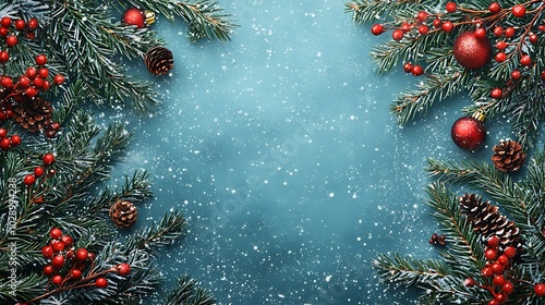 Festive Christmas Background with Pine Branches Ornaments and Snowflakes