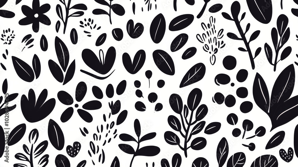 Fototapeta premium A black and white drawing of flowers and leaves. The drawing is very detailed and has a lot of different shapes and sizes. The overall mood of the drawing is peaceful and calming