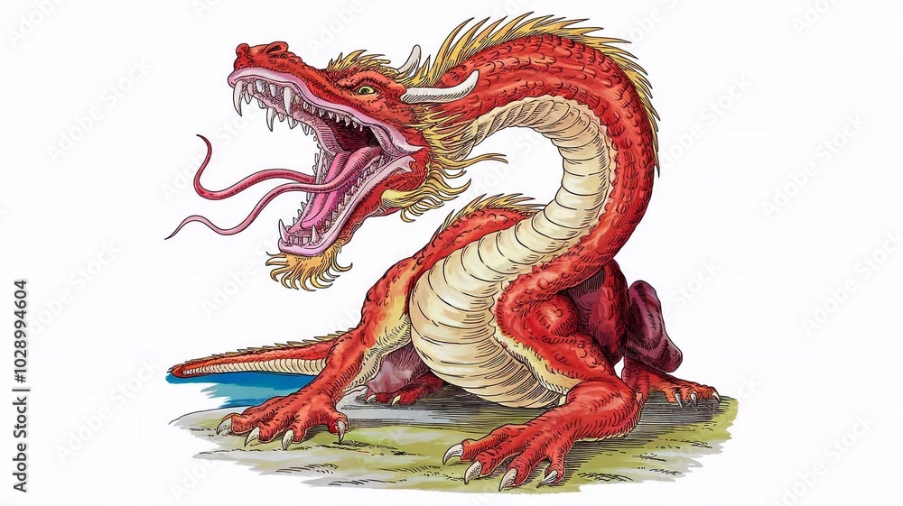 Fototapeta premium Coloring book of dragon for children and adults. Illustration isolated on white background
