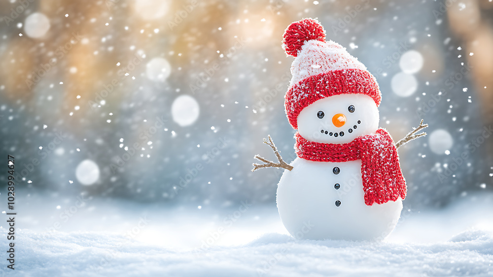 Snowman with a red hat and scarf stands in the snow, snowing softly around it. Snowman with a red hat and scarf stands in the snow, snowing softly around it.