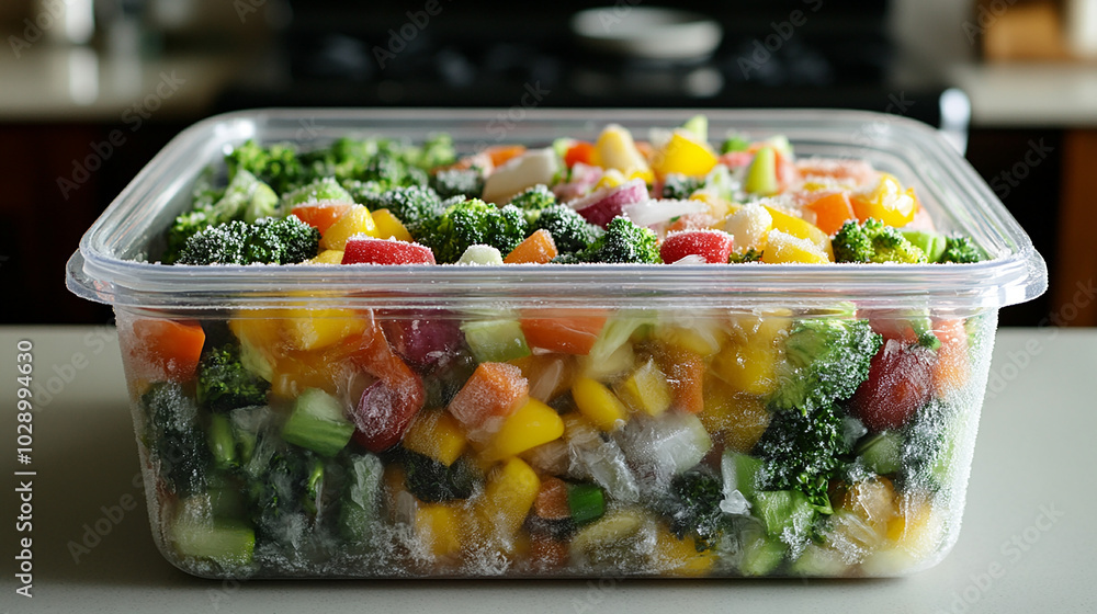 Frozen Vegetable Mix in a Tupperware Container Frozen Vegetable Mix in a Tupperware Container