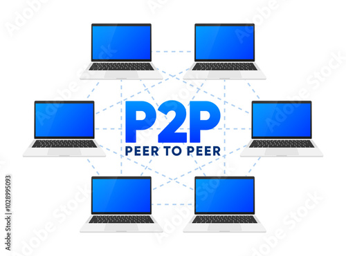 Peer to peer system. Global online p2p. System computer linked network. Transaction data document. Vector illustration.