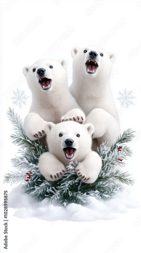 Three playful polar bears on a snowy background with festive elements Three playful polar bears on a snowy background with festive elements