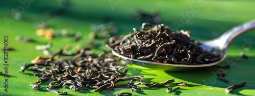 Close-Up Detail of Dried Tea Leaves on Spoon with Vibrant Background and Sunshine Shadows photo