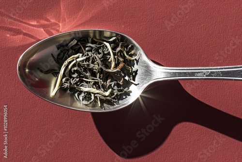 Close-Up Detail of Dried Tea Leaves on Spoon with Vibrant Background and Sunshine Shadows photo