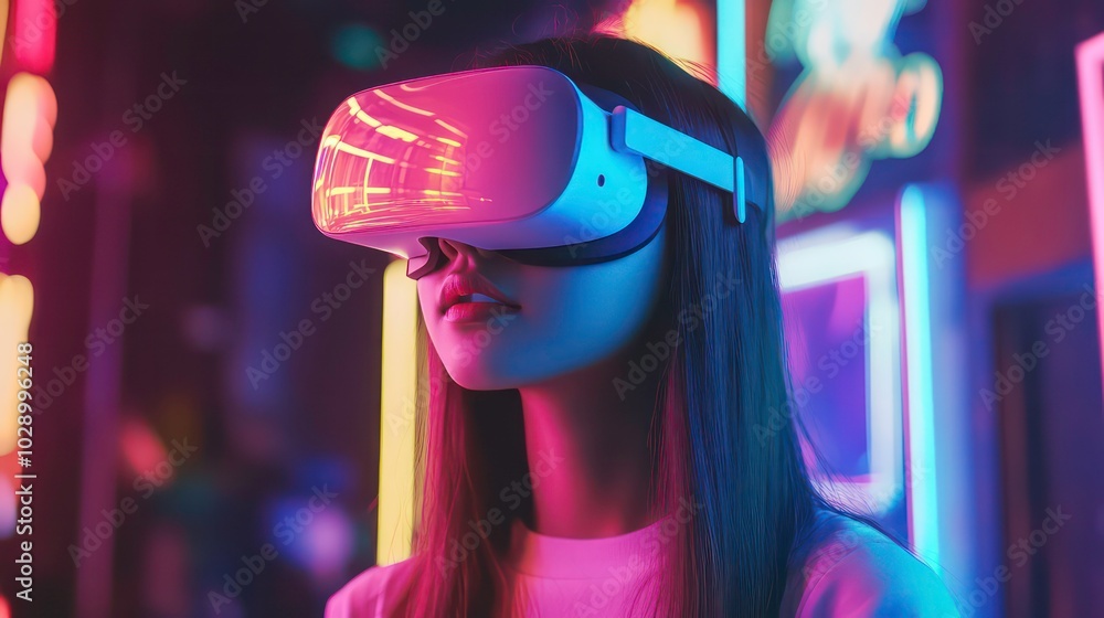 Young woman wearing VR headset in a neon lit arcade, looking intently at the virtual world. Young woman wearing VR headset in a neon lit arcade, looking intently at the virtual world.