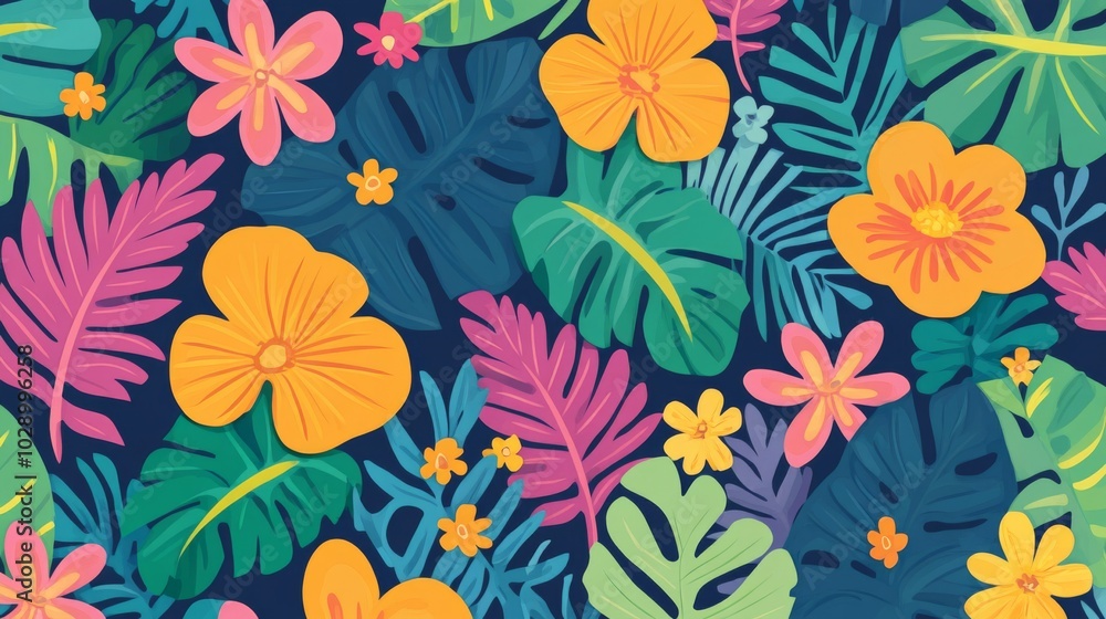 A colorful tropical flower pattern with a blue background. The flowers are in various colors and sizes, and the leaves are also colorful. Scene is bright and cheerful, with a sense of warmth A colorful tropical flower pattern with a blue background. The flowers are in various colors and sizes, and the leaves are also colorful. Scene is bright and cheerful, with a sense of warmth