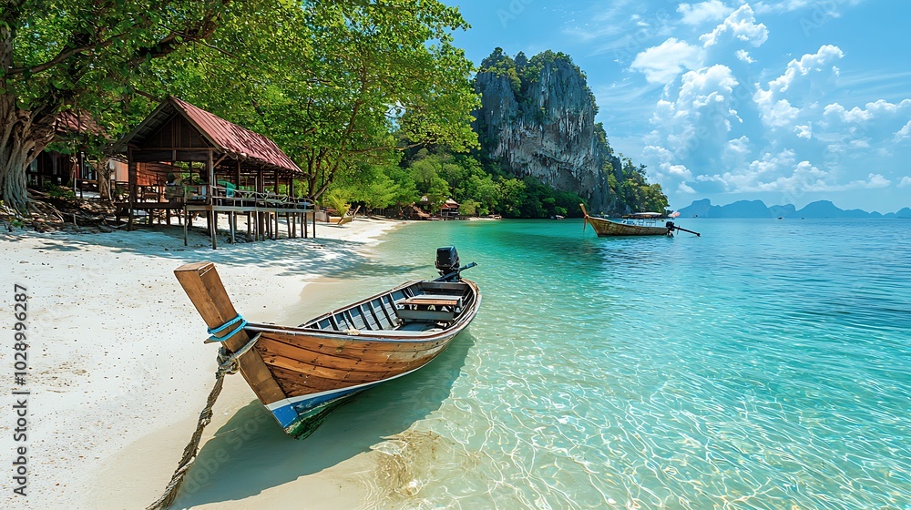 Obraz premium Tropical Beach Scene with Longtail Boat Crystal Clear Water and Limestone Cliffs