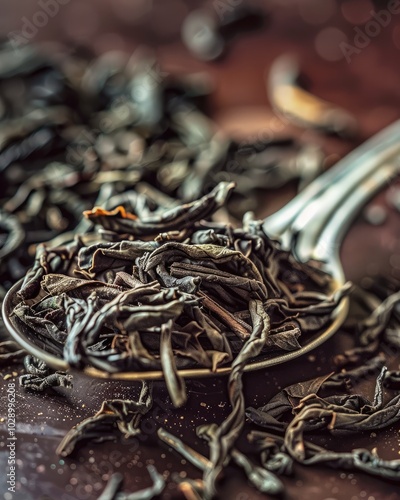 Close-Up Detail of Dried Tea Leaves on Spoon with Vibrant Background and Sunshine Shadows photo