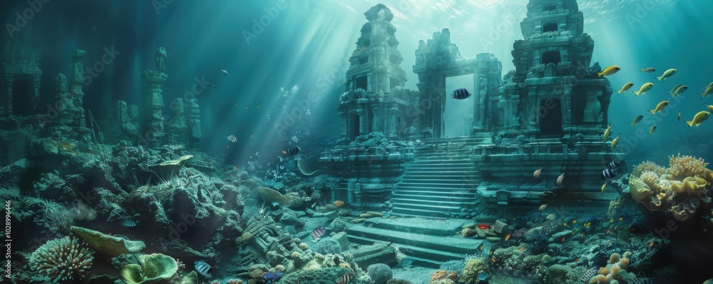 Fabled sunken temple surrounded by marine life, 4K hyperrealistic photo Fabled sunken temple surrounded by marine life, 4K hyperrealistic photo