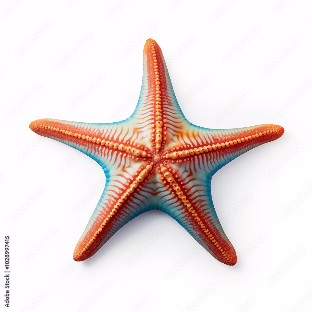 Starfish with orange and blue details on white background Starfish with orange and blue details on white background