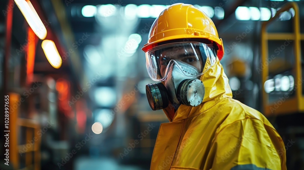 A worker wearing full protective gear in an industrial environment. A worker wearing full protective gear in an industrial environment.