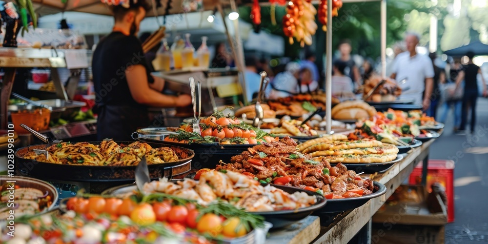 A bustling street food festival filled with colorful stalls displaying a variety of delicious dishes attracting food lovers and curious visitors alike in an energetic outdoor setting A bustling street food festival filled with colorful stalls displaying a variety of delicious dishes attracting food lovers and curious visitors alike in an energetic outdoor setting