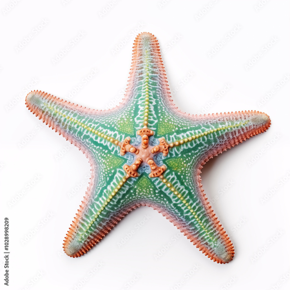 Green and orange starfish with detailed texture on white background Green and orange starfish with detailed texture on white background