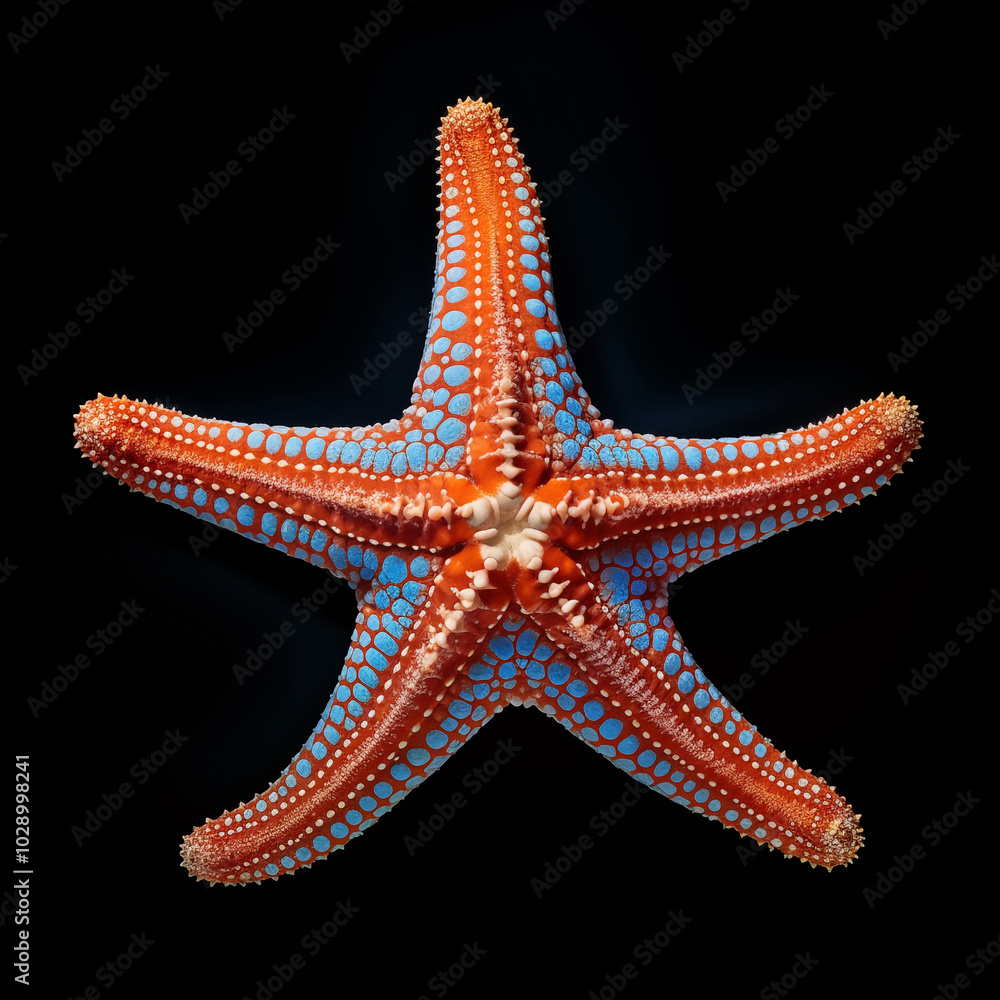 Starfish with red and blue details on black background Starfish with red and blue details on black background