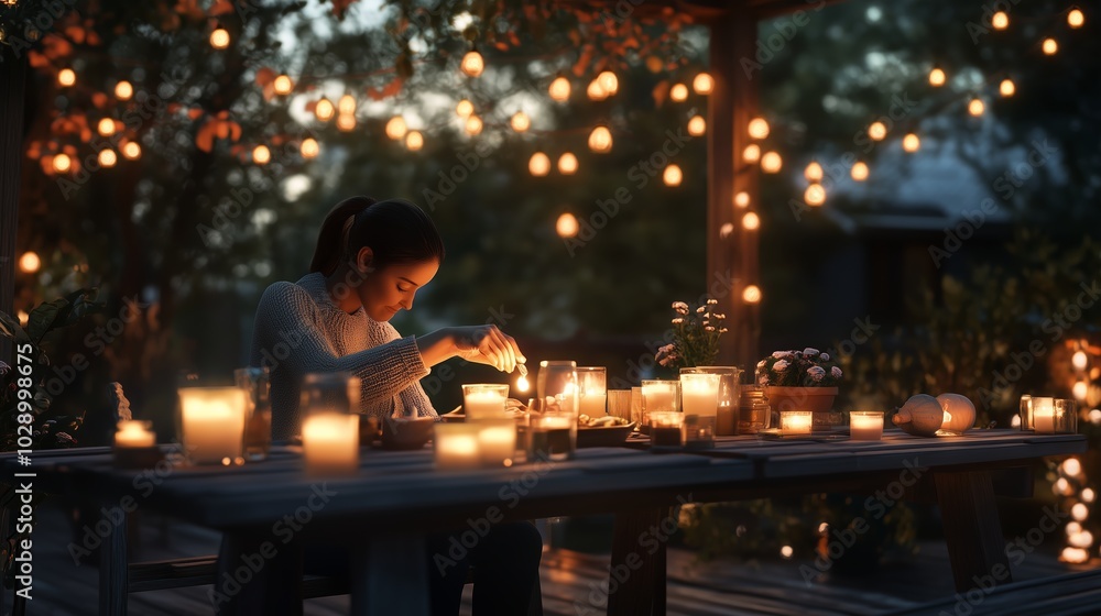 A serene evening gathering with warm candlelight and a woman enjoying a quiet moment on a beautifully lit patio A serene evening gathering with warm candlelight and a woman enjoying a quiet moment on a beautifully lit patio