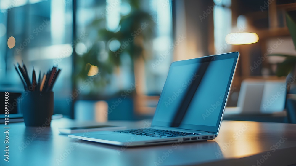 custom made wallpaper toronto digitalA modern laptop sits on a desk in a stylish workspace, with green plants and ambient lighting in the background, creating a serene work environment.