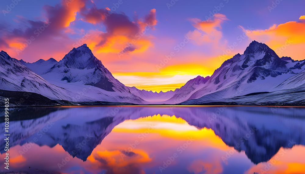 Fototapeta premium A serene lake reflects the vibrant hues of an orange and purple sunset, as snow-capped mountains glow in the distance.