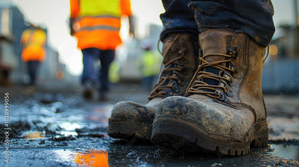 A close-up of safety boots and reflective gear used by construction workers. A close-up of safety boots and reflective gear used by construction workers.