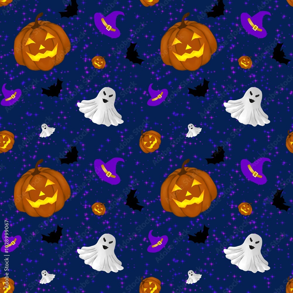 halloween seamless pattern with lantern pumpkin, ghost, witch hat and bat on dark blue background halloween seamless pattern with lantern pumpkin, ghost, witch hat and bat on dark blue background