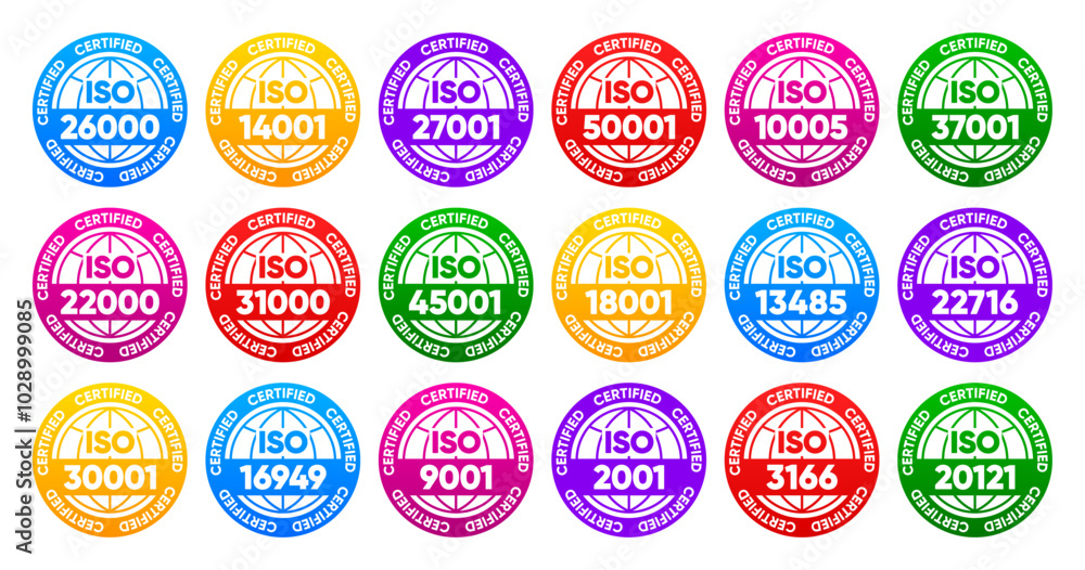 Obraz premium Iso certified standarts collection. International Organization for Standardization stamp. Vector illustration.