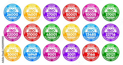 Iso certified standarts collection. International Organization for Standardization stamp. Vector illustration.