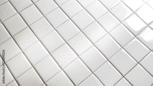 Close-up shot of a white tiled surface with subtle brown grout lines and a soft, light reflection.