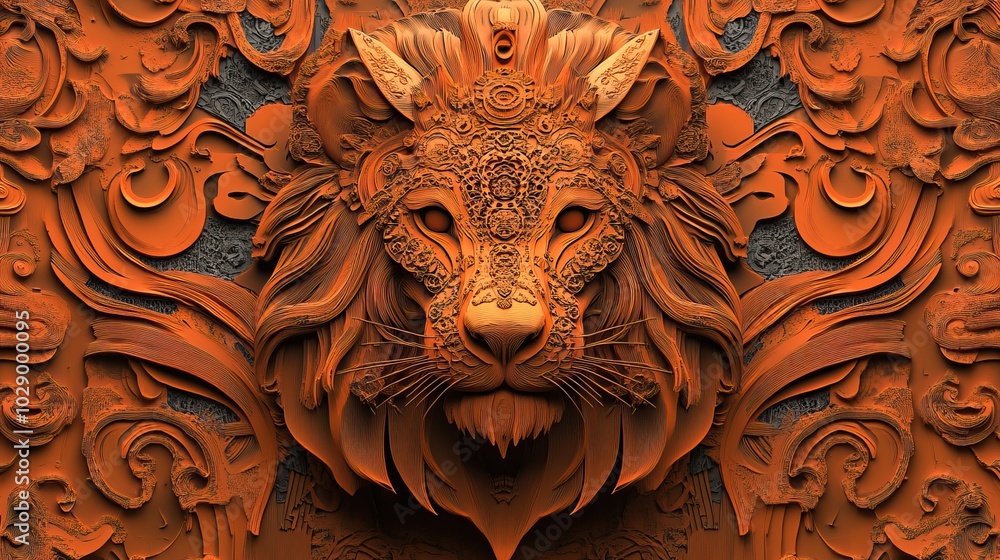 Intricate Lion Sculpture in Orange Hues Intricate Lion Sculpture in Orange Hues