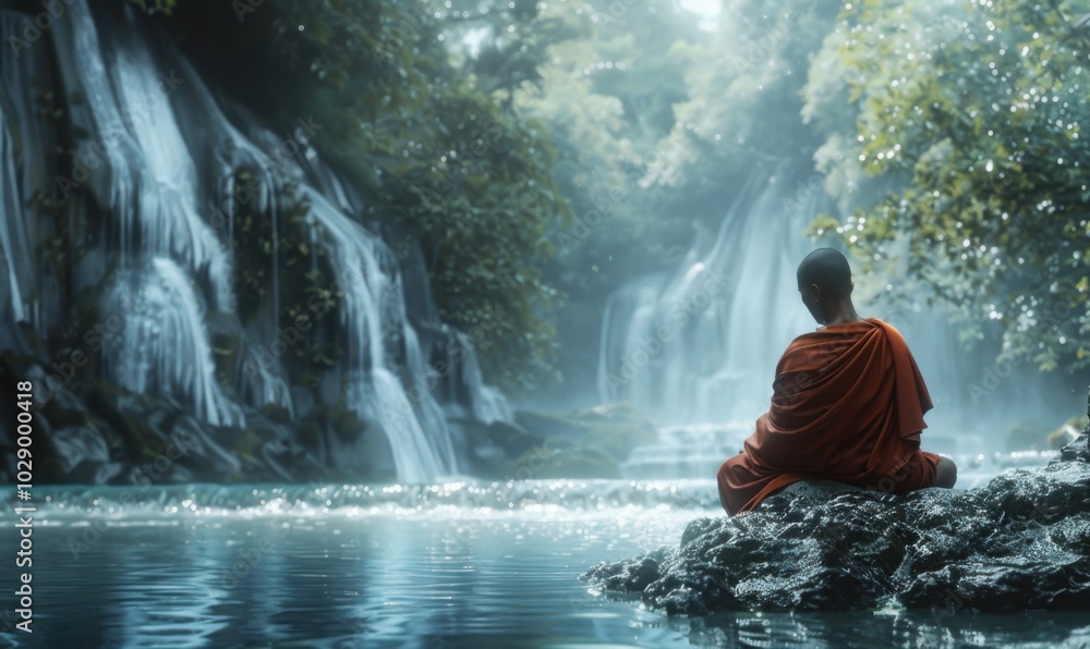 Peaceful meditative monk sitting by a serene waterfall, 4K hyperrealistic photo. Peaceful meditative monk sitting by a serene waterfall, 4K hyperrealistic photo.
