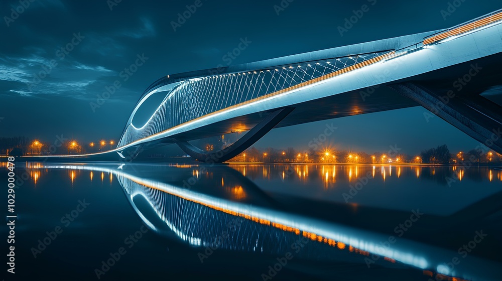 Naklejka premium A modern, illuminated bridge stands gracefully at night, reflecting beautifully on the water's surface with a serene and tranquil atmosphere.