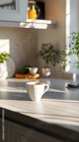 Cup of coffee on the kitchen counter, 4K hyperrealistic photo