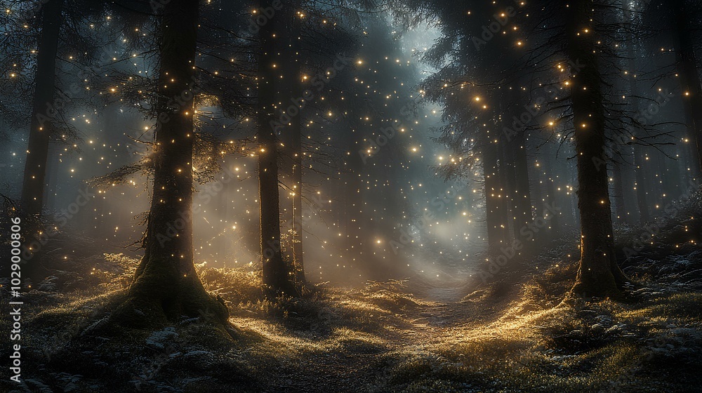 A mystical forest scene illuminated by glowing lights, creating an enchanting, dreamlike atmosphere among the trees. A mystical forest scene illuminated by glowing lights, creating an enchanting, dreamlike atmosphere among the trees.