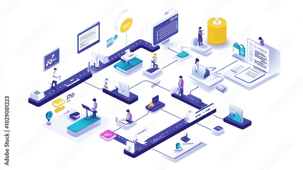 Isometric illustration of a complex workflow with people working on different tasks and processes. Isometric illustration of a complex workflow with people working on different tasks and processes.