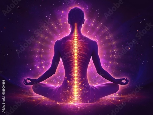 Spiritual representation of Kundalini energy in yoga meditation. AI generated.