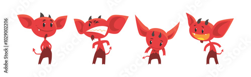 Red Devil Character with Horns and Face Emotion Vector Set