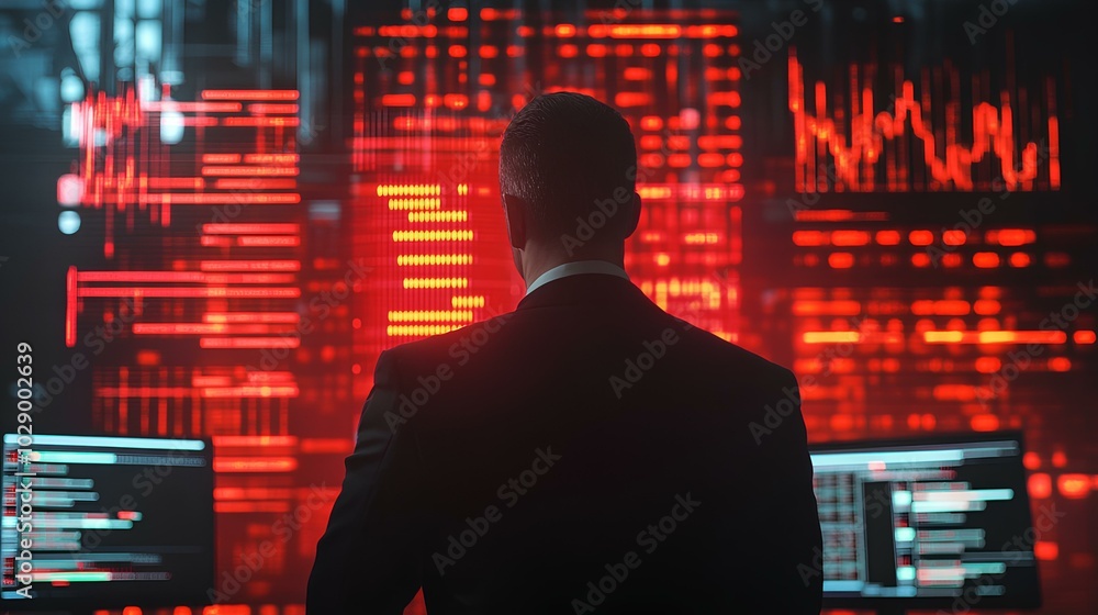 A man in a suit stands before large screens displaying red data visualizations and coding, suggesting a high-tech, analytical environment. A man in a suit stands before large screens displaying red data visualizations and coding, suggesting a high-tech, analytical environment.
